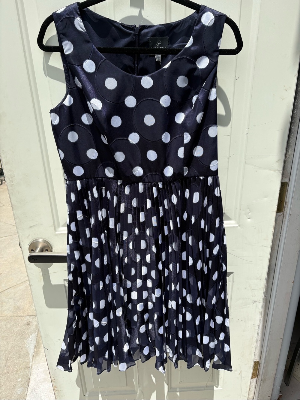 Adrianna Papell Navy and White Polka Dot Pleated Dress